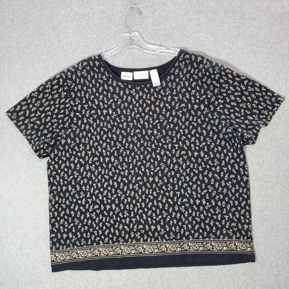 Elisabeth by Liz Claiborne Women Top 3 Black Floral Shirt Short Sleeve Tee - Picture 1 of 7